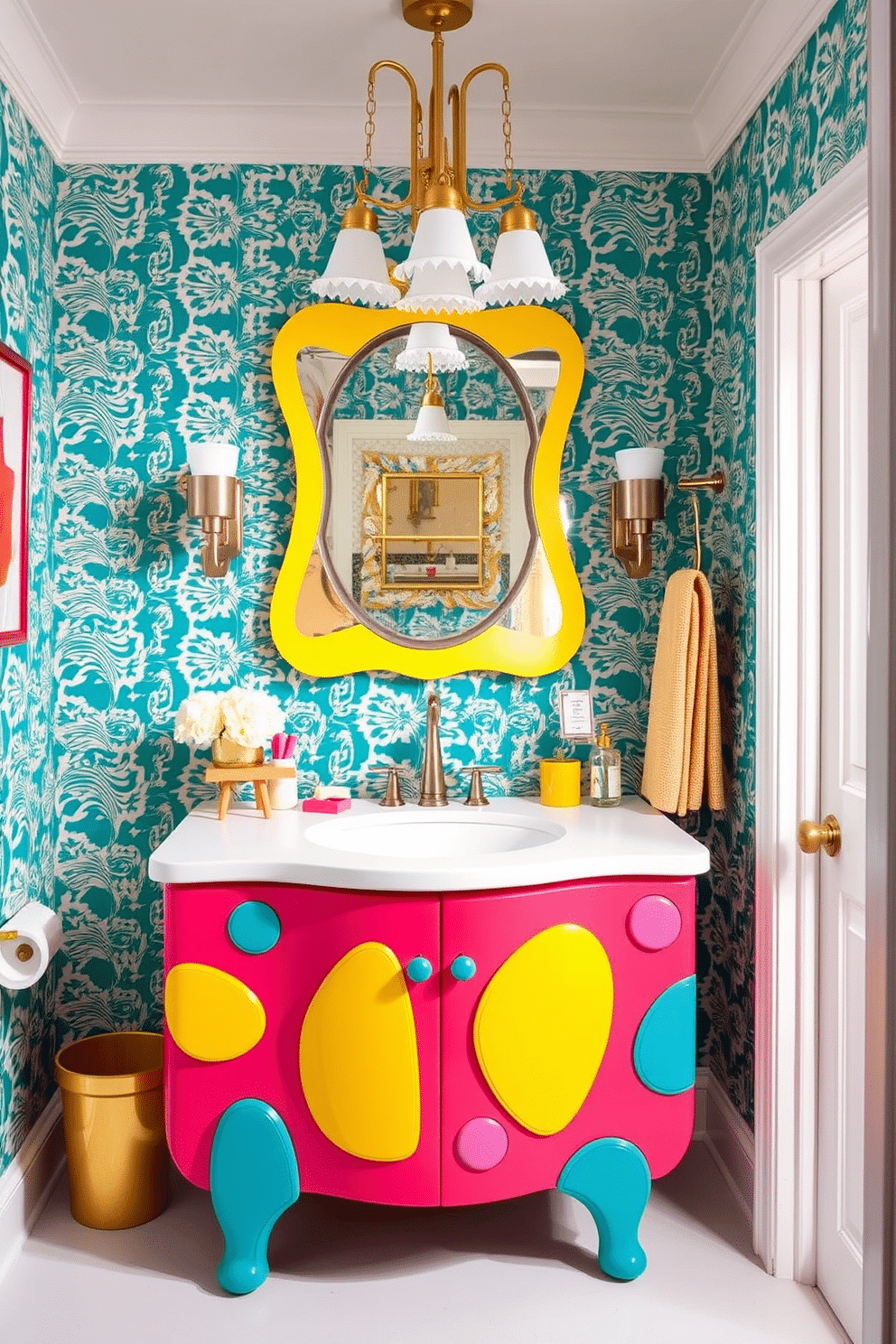 A brightly colored vanity with a playful design takes center stage in the powder room. The vanity features whimsical shapes and vibrant hues, complemented by a unique mirror that reflects its cheerful aesthetic. Surrounding the vanity are fun, patterned wallpaper and playful accessories that enhance the lively atmosphere. A stylish light fixture above adds a touch of elegance, creating a perfect balance between fun and sophistication.