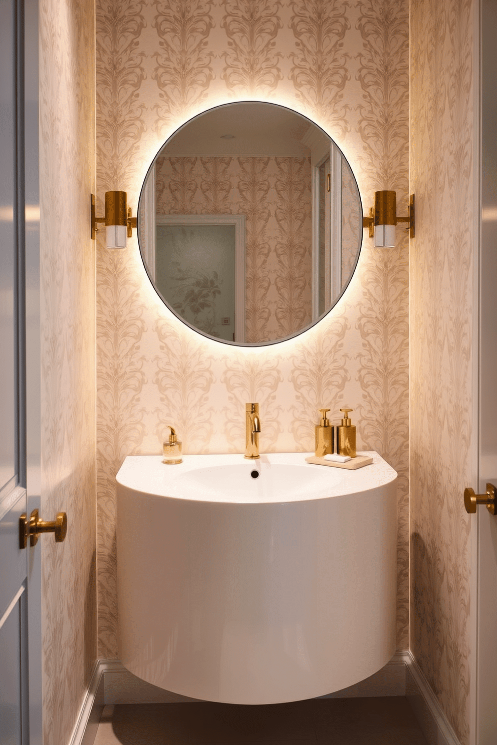 A wall-mounted vanity with elegant curves creates a stunning focal point in the powder room. The vanity features a sleek, integrated sink and is complemented by soft ambient lighting that highlights its graceful design. The walls are adorned with a delicate wallpaper that adds texture and warmth, while a large round mirror above the vanity enhances the sense of space. Accents of gold in the fixtures and accessories bring a touch of luxury to this intimate area.