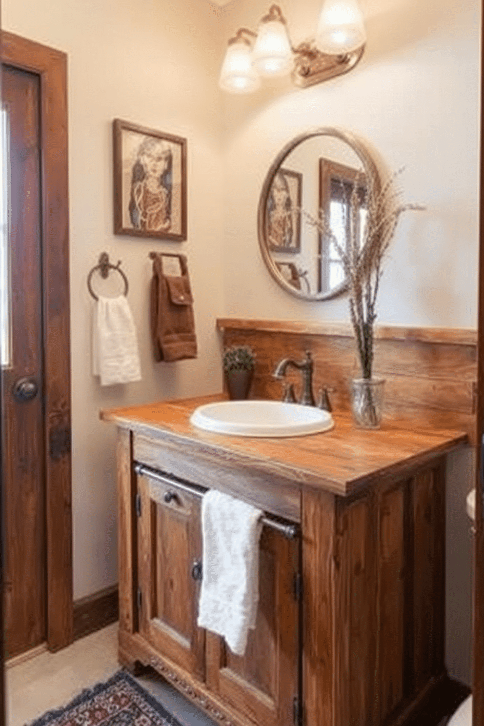 A rustic reclaimed wood vanity adds charm and warmth to the powder room. The vanity features a distressed finish, complemented by a vintage-style sink and antique brass fixtures.