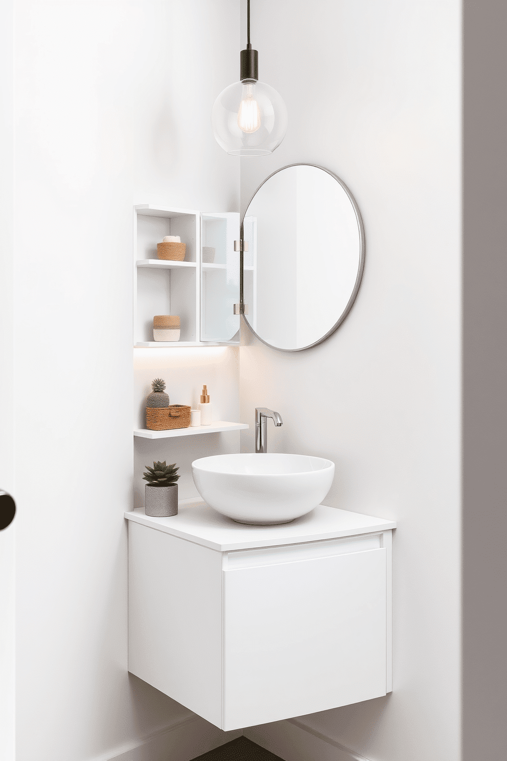 A compact corner vanity designed for small spaces features a sleek, wall-mounted unit with a glossy white finish and a round vessel sink atop a minimalist countertop. The vanity is complemented by a large round mirror with a thin metallic frame, and the walls are painted in a soft pastel hue to enhance the sense of openness. Incorporating clever storage solutions, the vanity includes open shelving for decorative items and a small cabinet beneath the sink for toiletries. A stylish pendant light hangs above, casting a warm glow, while a small potted plant adds a touch of greenery to the powder room.