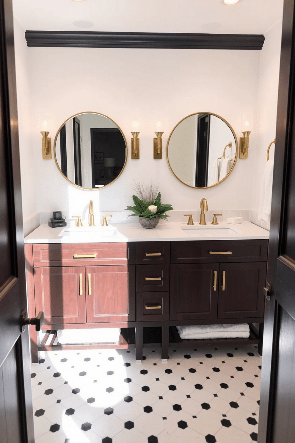 A stylish double sink vanity is the focal point of this shared powder room, featuring a sleek, dark wood finish that contrasts beautifully with the light-colored walls. Above the vanity, two round mirrors with elegant gold frames reflect the soft, ambient lighting from the chic sconces on either side. The countertop is adorned with a polished white quartz surface, providing ample space for personal items and decorative accents. A tasteful arrangement of greenery and candles adds a touch of warmth, while the floor is laid with classic black and white hexagonal tiles for a timeless appeal.