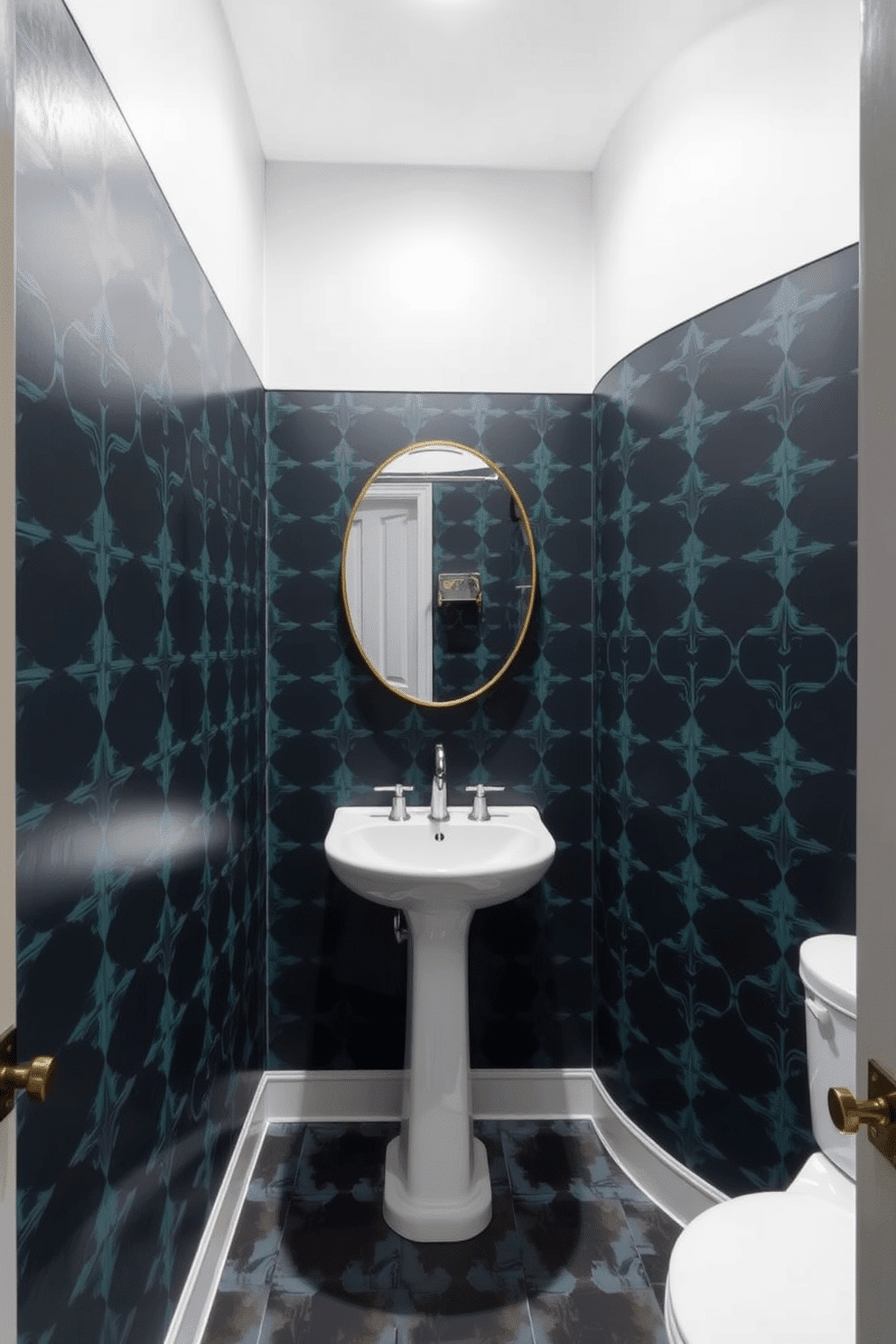 A chic powder room featuring bold, patterned wallpaper that creates a striking focal point. The simple, minimalist vanity complements the vibrant walls, showcasing clean lines and a sleek finish.