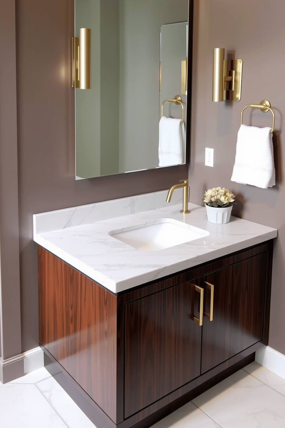 A stylish powder room featuring a marble countertop atop a rich dark wood base, exuding elegance and sophistication. The vanity is complemented by sleek gold fixtures and a minimalist mirror that enhances the space's modern aesthetic.