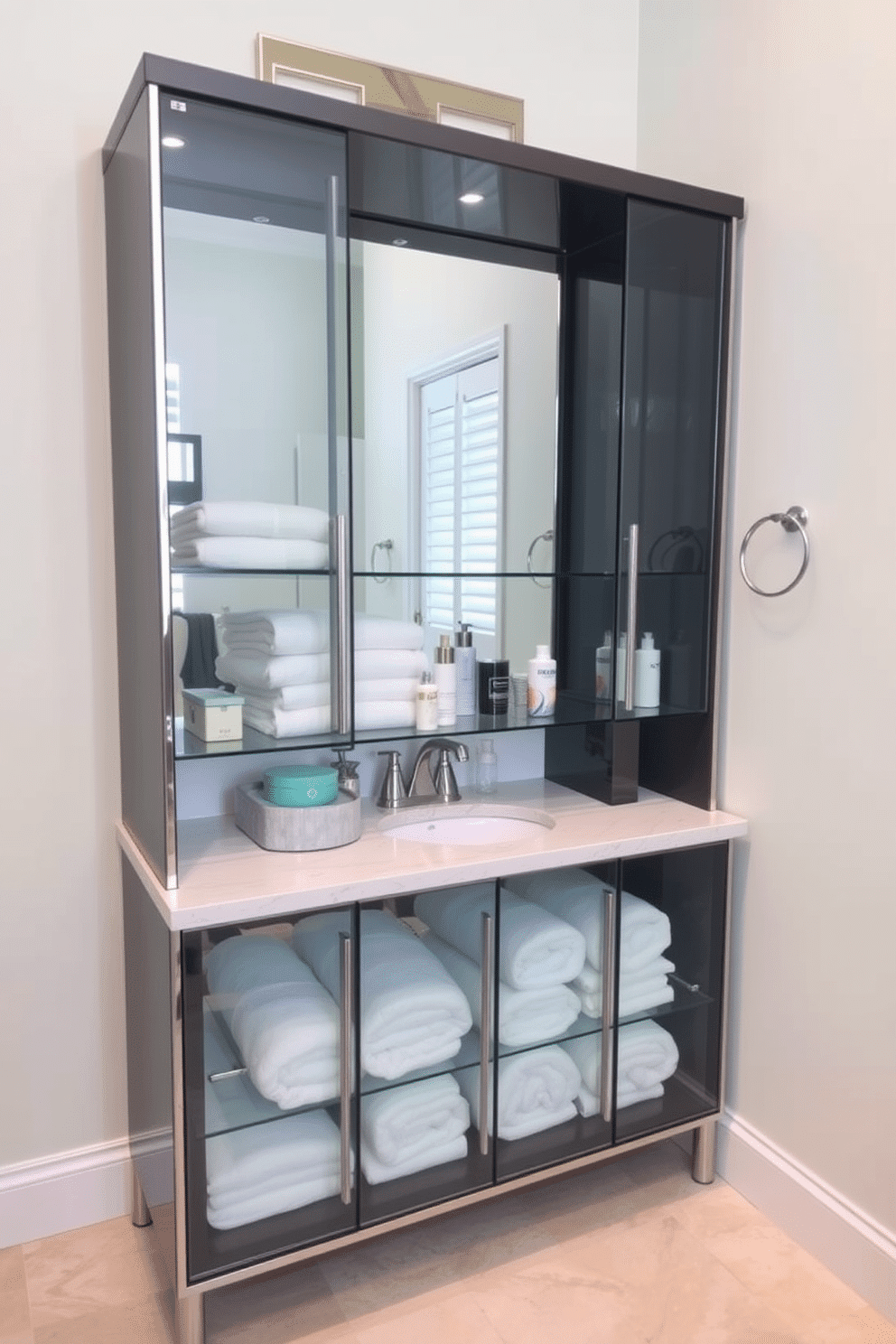 A sleek glass-fronted vanity provides stylish storage, showcasing neatly organized towels and toiletries behind clear panels. The elegant design features a polished countertop and modern fixtures, creating a chic focal point in the powder room. The walls are adorned with a soft pastel hue, complementing the vanity's contemporary aesthetic. A decorative mirror above the vanity reflects light, enhancing the space's brightness and inviting atmosphere.