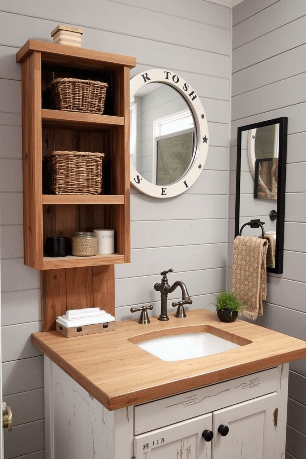 A rustic farmhouse vanity features open shelving made from reclaimed wood, showcasing neatly arranged baskets and decorative items. The countertop is a distressed white finish, complemented by a vintage-style faucet and a round mirror with a weathered frame above it. The powder room is adorned with shiplap walls painted in a soft, muted gray, creating a cozy atmosphere. A small potted plant sits on the vanity, adding a touch of greenery to the charming space.