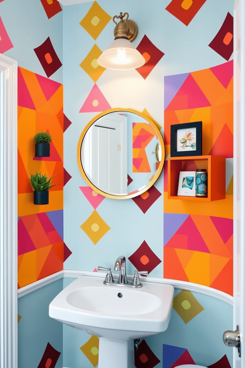 A vibrant powder room adorned with colorful geometric wallpaper that creates an eye-catching focal point. The space features a sleek white pedestal sink and a round mirror with a bold, contrasting frame, enhancing the playful design. Accentuating the walls, decorative shelves showcase small potted plants and artistic accessories that complement the wallpaper. A stylish light fixture above the sink provides warm illumination, making the room feel inviting and cheerful.