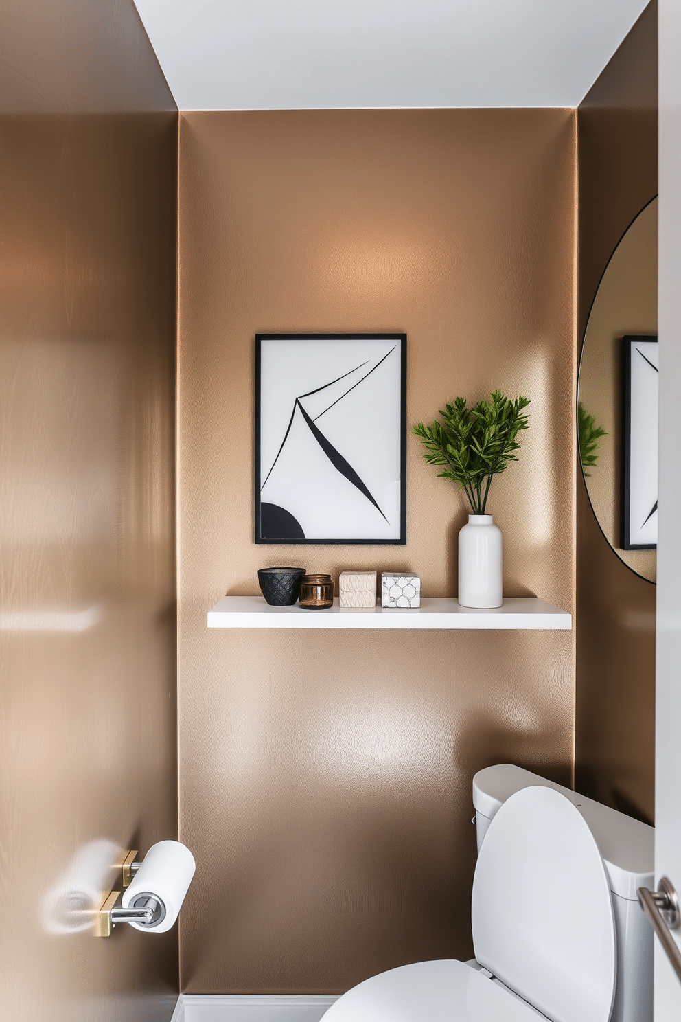 A chic powder room featuring walls coated in metallic paint that reflects light and adds a modern twist. The decor includes sleek, geometric wall art and a minimalist floating shelf adorned with stylish accessories.