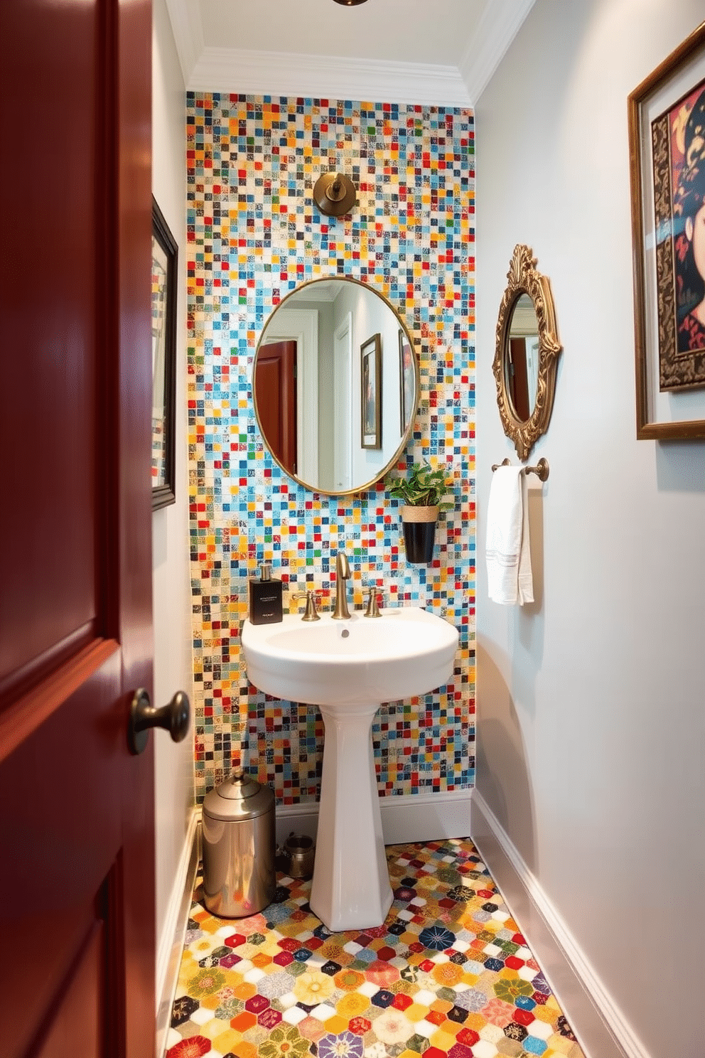 A vibrant powder room features a stunning mosaic tile backsplash that showcases a blend of colorful patterns and textures, creating a lively focal point. The walls are adorned with elegant wall décor, including framed art pieces and decorative mirrors that enhance the room's charm and sophistication.