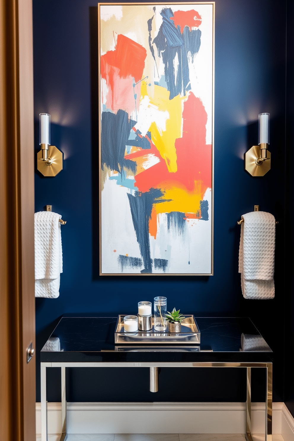 A striking statement wall features an oversized abstract art piece that commands attention and adds a vibrant focal point to the powder room. The wall is painted in a deep navy blue, creating a dramatic backdrop that enhances the colors within the artwork. Flanking the art piece, elegant sconces cast a warm glow, complementing the rich tones of the wall. Below, a sleek console table holds a decorative tray with scented candles and a small potted plant, adding a touch of sophistication to the space.