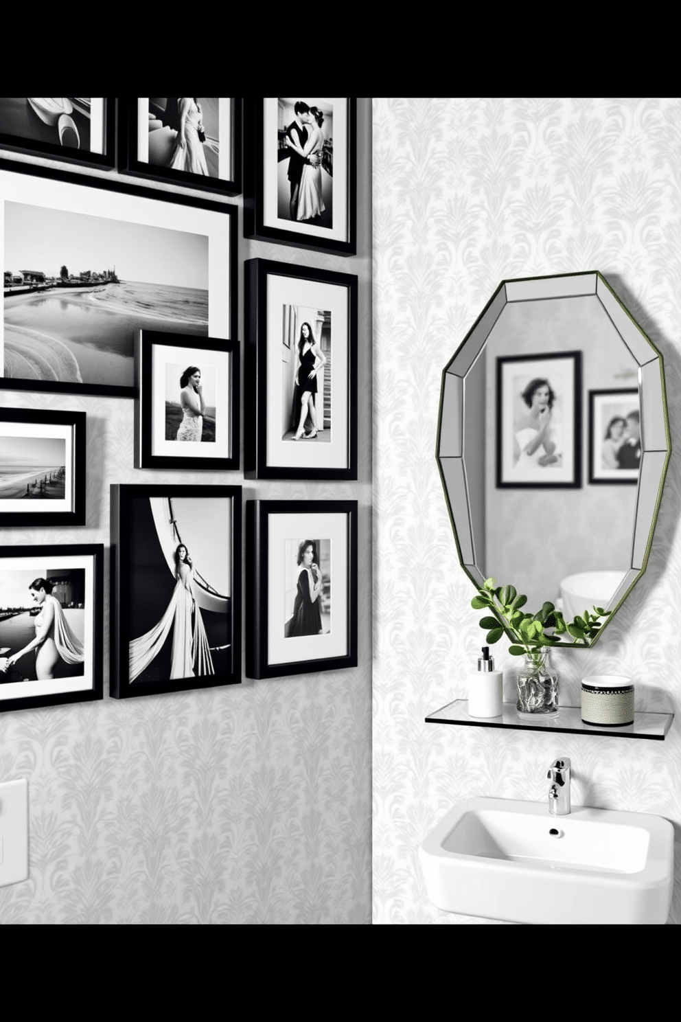 A striking black and white photography gallery wall showcases a curated collection of framed images, each telling a unique story. The frames vary in size and style, creating an eclectic yet cohesive look that draws the eye across the wall. For the powder room, the wall décor features elegant wallpaper with a subtle damask pattern in soft gray tones. A sleek, modern mirror with a geometric shape complements the design, while a small shelf displays decorative items and fresh greenery.