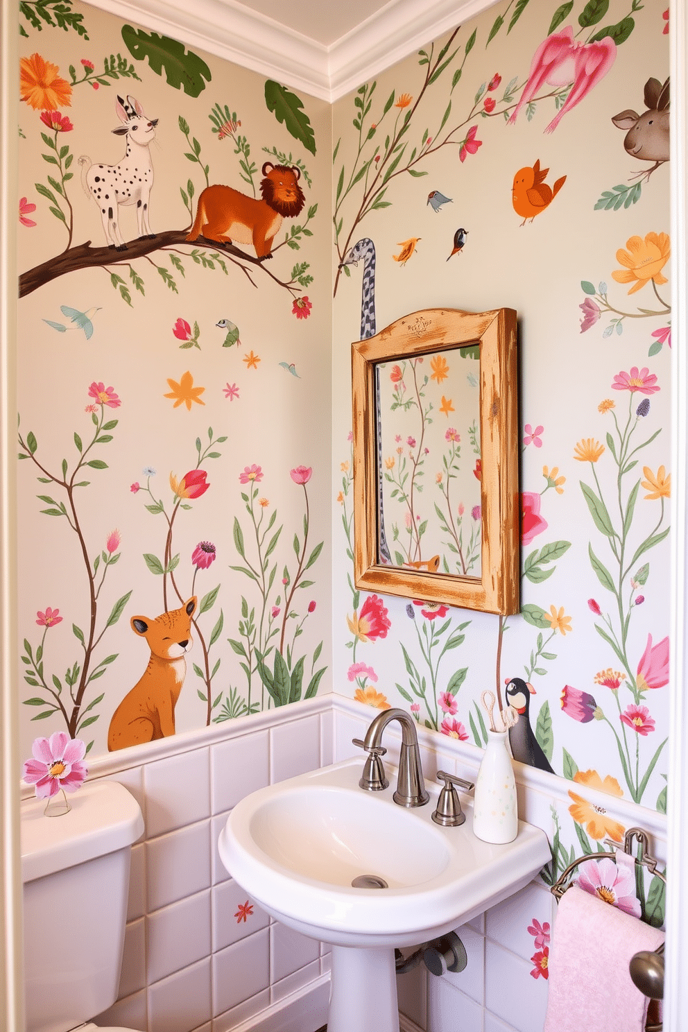 A whimsical mural featuring playful animals and vibrant flora adorns the walls of the powder room, creating a lively and inviting atmosphere. The mural is complemented by soft, pastel-colored accents in the decor, with a small vintage mirror framed in distressed wood adding a charming focal point.