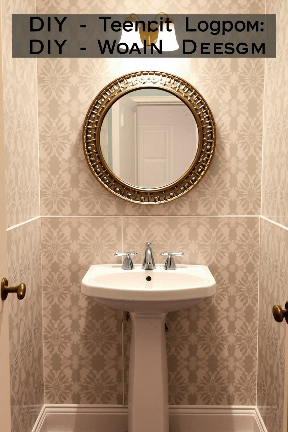 A chic powder room featuring a DIY stenciled wall design that adds a unique touch to the space. The walls are adorned with intricate geometric patterns in soft pastel colors, creating an inviting atmosphere. In the center, a sleek pedestal sink complements the stenciled backdrop, with a modern faucet adding a touch of elegance. A round mirror with a decorative frame hangs above the sink, reflecting the playful patterns and enhancing the room's charm.