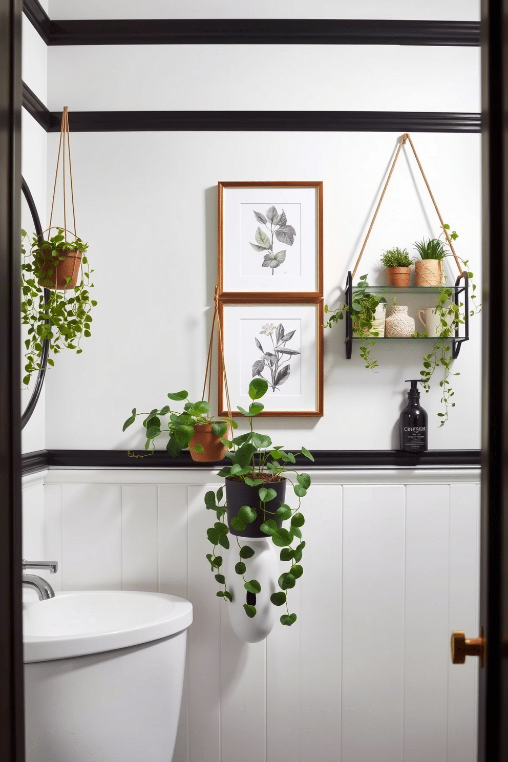 A stylish powder room featuring hanging plants that add a natural element to the space. The walls are adorned with elegant wall décor, including framed botanical prints and a chic wall-mounted shelf displaying decorative items.