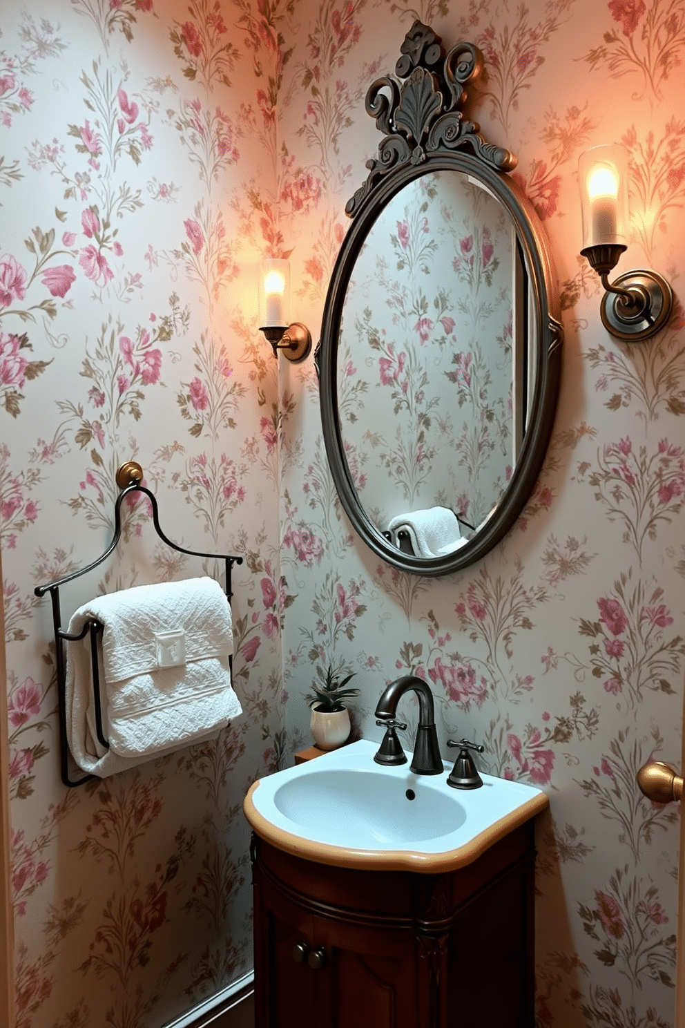 A charming powder room adorned with vintage wallpaper featuring intricate floral patterns in soft pastels. The walls create a nostalgic ambiance, complemented by a round mirror with an ornate frame and a small wooden vanity topped with a classic porcelain sink. Delicate sconces with warm lighting flank the mirror, casting a cozy glow throughout the space. A vintage-style towel rack holds plush towels, while a small potted plant adds a touch of greenery to enhance the retro feel.