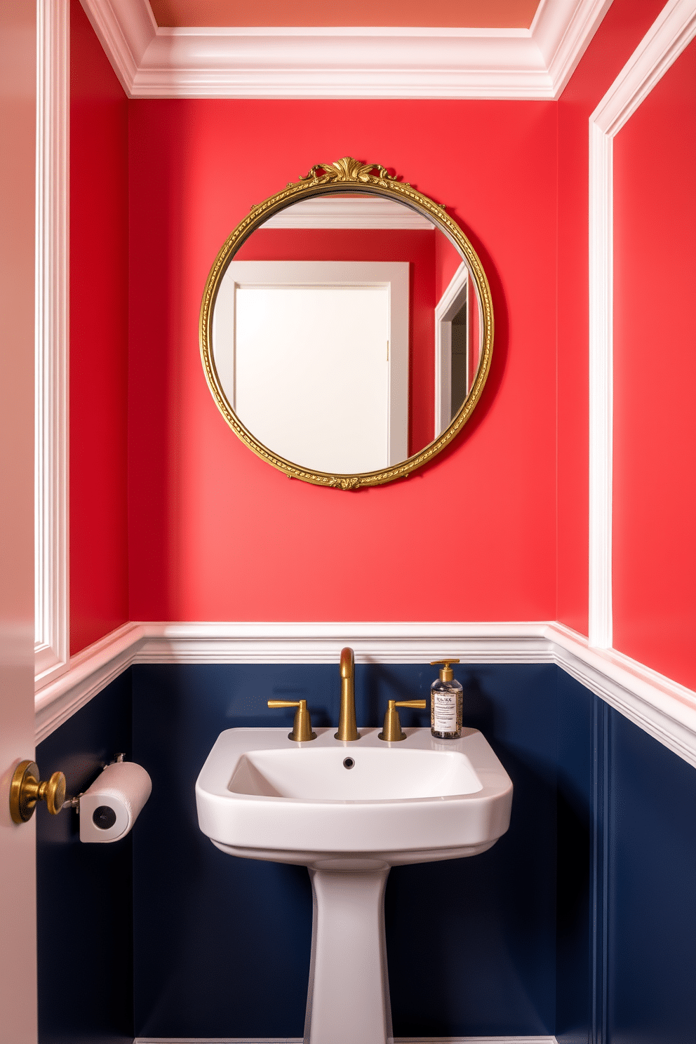 A striking powder room features color-blocked walls in vibrant hues, creating a bold statement that instantly captures attention. The lower section is painted in a deep navy blue, while the upper section is a bright coral, seamlessly transitioning with a crisp white molding. The decor includes a sleek, modern sink with a brushed gold faucet, positioned against the eye-catching backdrop. To enhance the design, a round mirror with a decorative gold frame hangs above the sink, reflecting the vibrant colors and adding depth to the space.