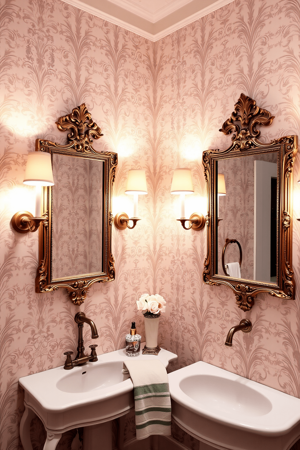 A stylish powder room featuring framed vintage mirrors that enhance the sense of elegance and sophistication. The walls are adorned with intricate wallpaper in soft pastel tones, complementing the ornate frames of the mirrors. The lighting is warm and inviting, with sconces flanking each mirror to create a cozy atmosphere. A small, elegant console table beneath the mirrors holds decorative items and a chic hand towel, adding to the overall charm of the space.