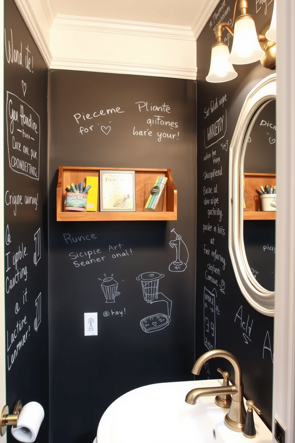 A chic powder room featuring walls coated in chalkboard paint, inviting creativity and interaction. The space includes decorative chalk drawings and notes, with a stylish wooden shelf displaying colorful chalk and art supplies. The room is accented with elegant fixtures, such as a vintage-style mirror and a sleek sink with a brushed nickel faucet. Soft lighting highlights the unique wall decor, creating a warm and inviting atmosphere perfect for guests.