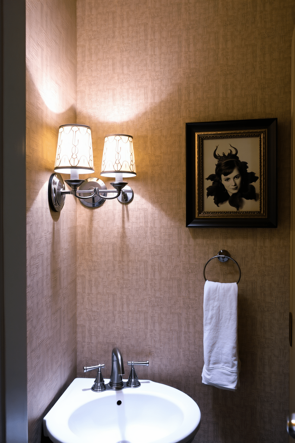 A stylish powder room features sconces with decorative shades, casting a warm glow that enhances the ambiance. The walls are adorned with elegant wall décor, including framed art and textured wallpaper, creating a sophisticated and inviting atmosphere.