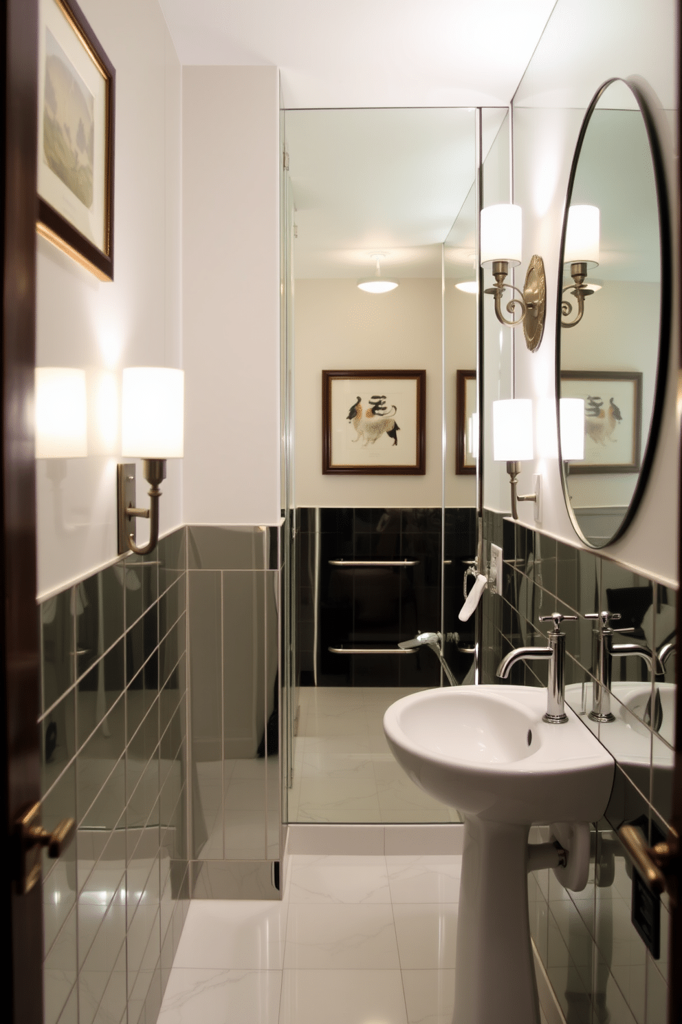 A stylish powder room featuring mirrored tiles that enhance light reflection, creating a bright and airy atmosphere. The walls are adorned with elegant wall décor, including framed art pieces and decorative sconces that add a touch of sophistication.