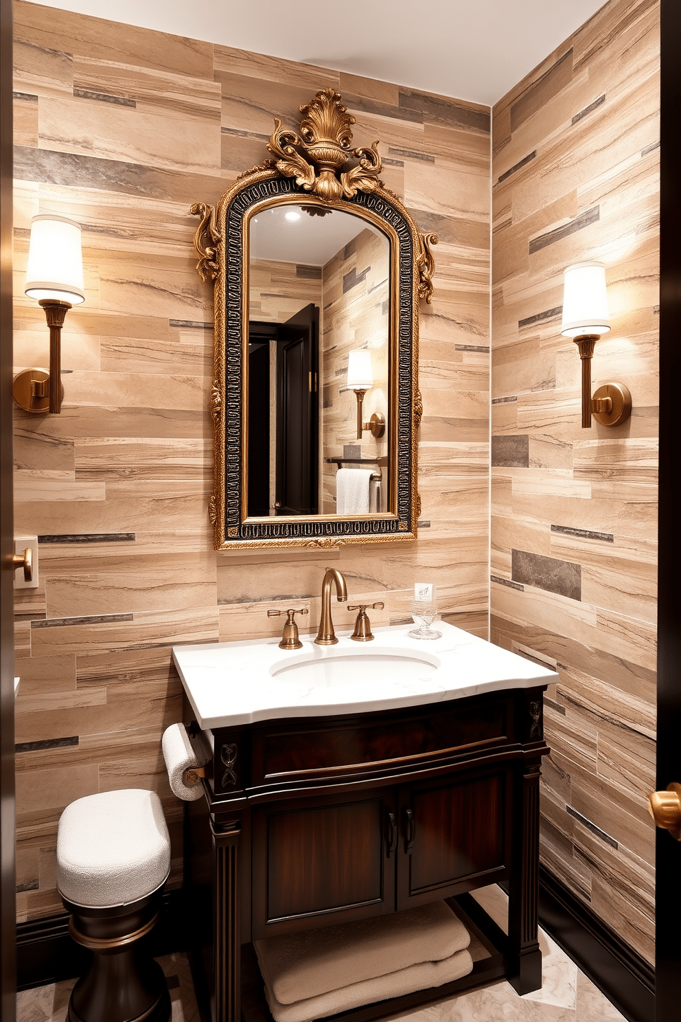 A powder room featuring natural stone veneer on the walls, creating a luxurious and inviting atmosphere. The space is accentuated with elegant wall sconces that provide soft lighting, enhancing the textures of the stone. The vanity is crafted from rich, dark wood, topped with a sleek white marble countertop. Above the vanity, a large, ornate mirror with a gold frame reflects the sophisticated design, while a stylish faucet adds a modern touch.