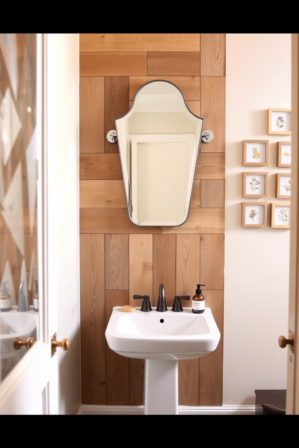 A stylish powder room featuring an accent wall adorned with reclaimed wood planks, creating a warm and inviting atmosphere. The remaining walls are painted in a soft, neutral tone, enhancing the rustic charm of the wood. Above a sleek pedestal sink, an artistic mirror with a unique shape reflects the natural textures of the wood. Complementing the decor, a series of small framed botanical prints are arranged on the adjacent wall, adding a touch of elegance and color.