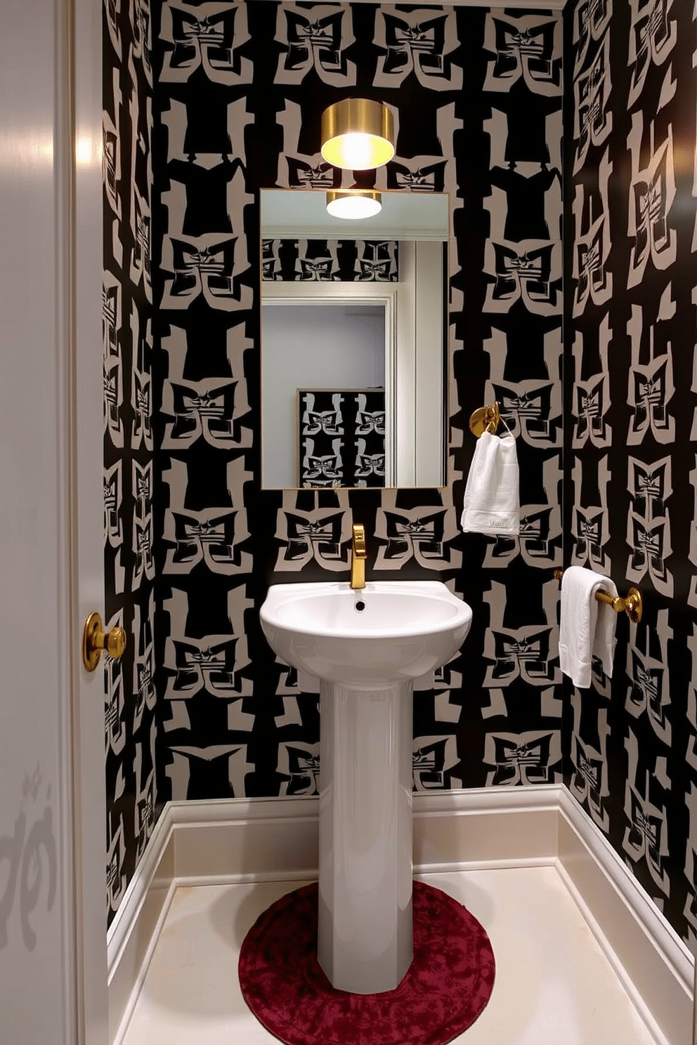 A striking powder room features graphic wallpaper with bold geometric patterns in a monochromatic color scheme. The wallpaper creates a dramatic backdrop for a sleek pedestal sink and a modern, minimalist mirror that reflects the vibrant design. To enhance the contemporary aesthetic, the space is accented with brushed metal fixtures and a small, stylish sconce that provides warm lighting. A compact, round rug in a complementary color adds comfort underfoot while maintaining the room's elegant vibe.