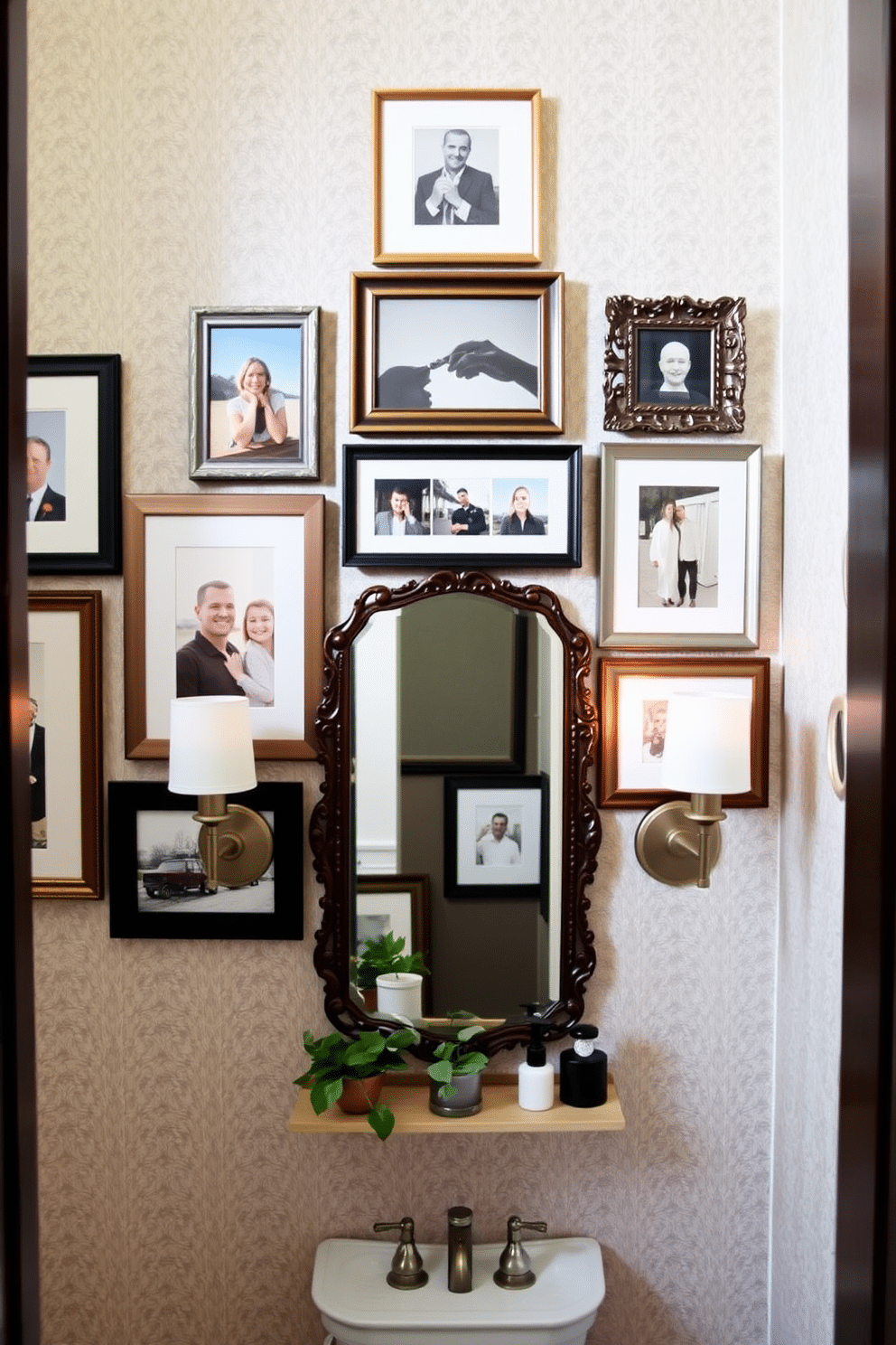 A curated gallery wall features layered frames of varying sizes and styles, showcasing a mix of artwork, photographs, and personal mementos. The arrangement is thoughtfully designed to create visual interest, with a cohesive color palette that ties the pieces together. In the powder room, the wall décor includes elegant sconces flanking a decorative mirror, enhancing the ambiance with soft lighting. The walls are adorned with a textured wallpaper that adds depth, while a small shelf displays curated decorative objects and fresh greenery.