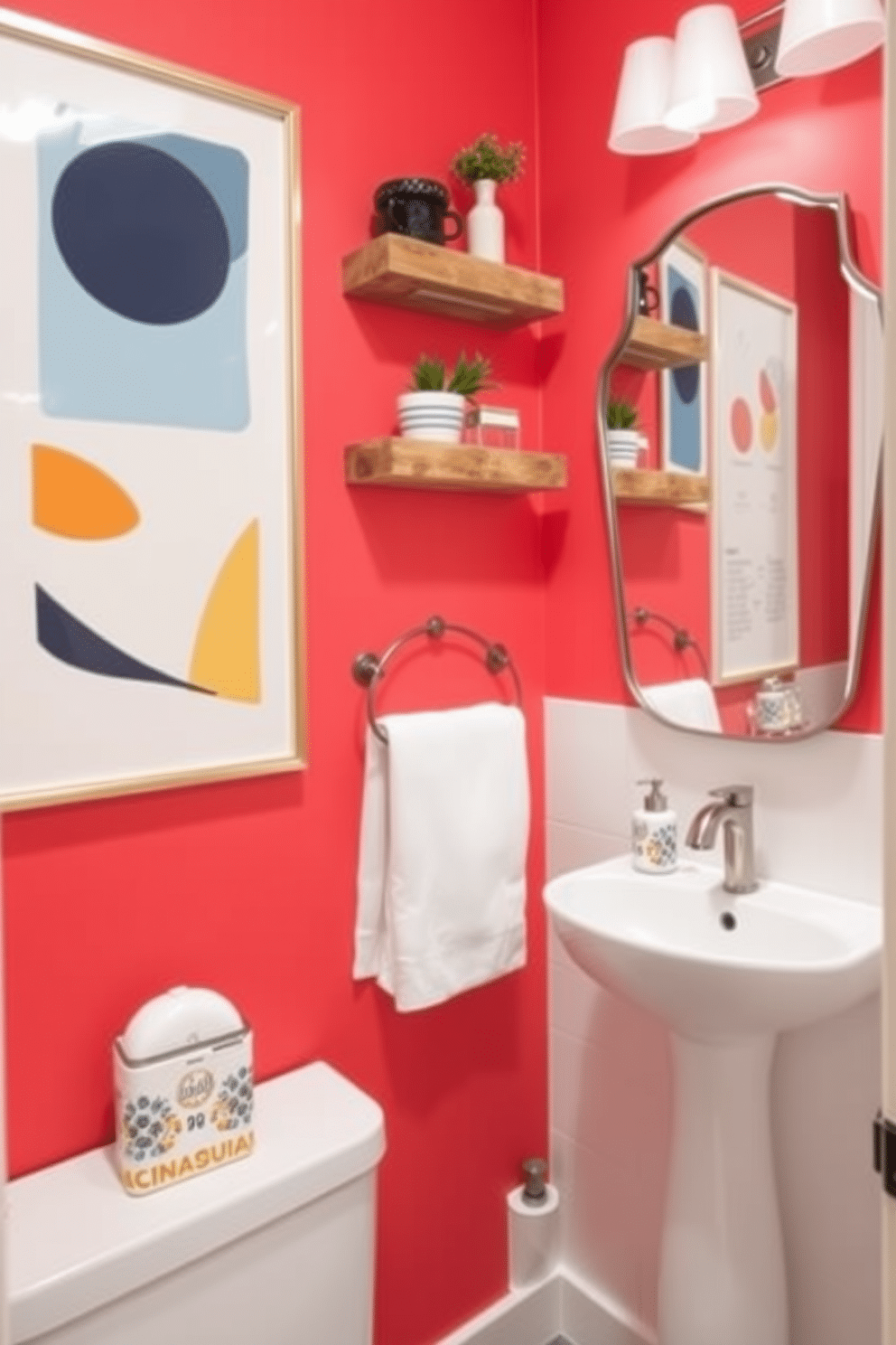 A brightly colored accent wall energizes the space, featuring a vibrant coral hue that contrasts beautifully with the white fixtures. The wall is adorned with playful geometric artwork, creating a lively focal point that enhances the overall atmosphere of the powder room. For the wall décor, consider incorporating floating shelves made of reclaimed wood, displaying an array of decorative items and small plants. A stylish mirror with a unique shape is mounted above the sink, reflecting light and adding depth to the room.