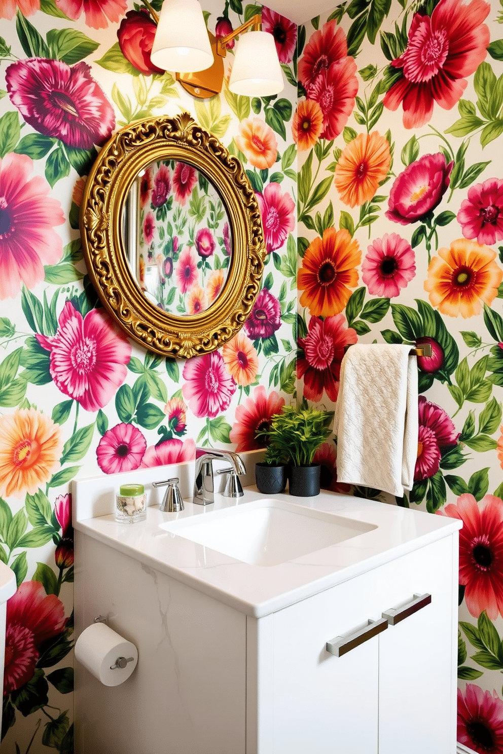 A chic powder room adorned with bold botanical prints that bring a vibrant, fresh look to the space. The walls are covered in large, colorful floral wallpaper, complemented by a sleek, modern vanity with a glossy finish. Above the vanity, a round mirror with an ornate gold frame reflects the lively patterns, enhancing the room's brightness. Accents of greenery are added with potted plants on the countertop and a stylish towel rack featuring soft, neutral towels.