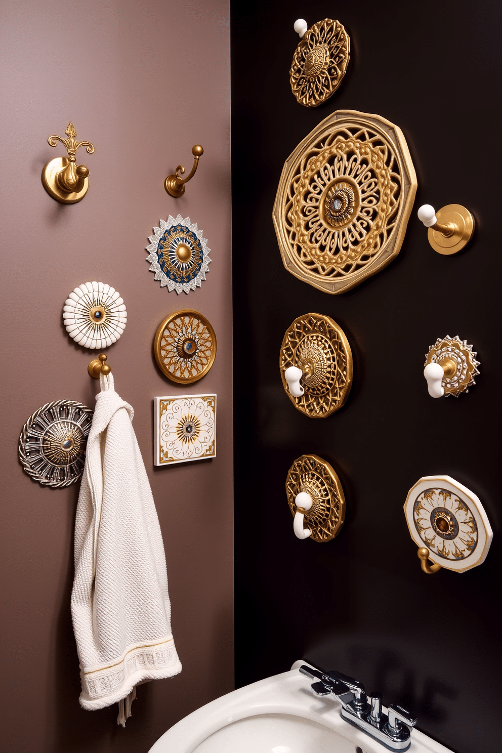 A collection of decorative wall hooks designed to serve as functional art pieces. The hooks are crafted from various materials, including brass and ceramic, and feature intricate patterns and colors that enhance the aesthetic of the space. In a stylish powder room, the wall décor is complemented by a series of these decorative hooks. They are strategically placed to hold towels and accessories while adding a touch of elegance and personality to the room's overall design.