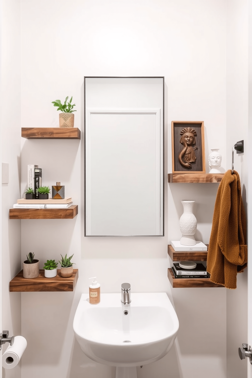 A modern powder room featuring stylish floating shelves for decor display. The shelves are made of reclaimed wood and are adorned with a curated selection of decorative items, including small plants, art books, and unique sculptures. The walls are painted in a soft, neutral tone, creating a serene backdrop for the shelves. A statement mirror with a sleek frame hangs above a contemporary sink, adding elegance to the overall design.