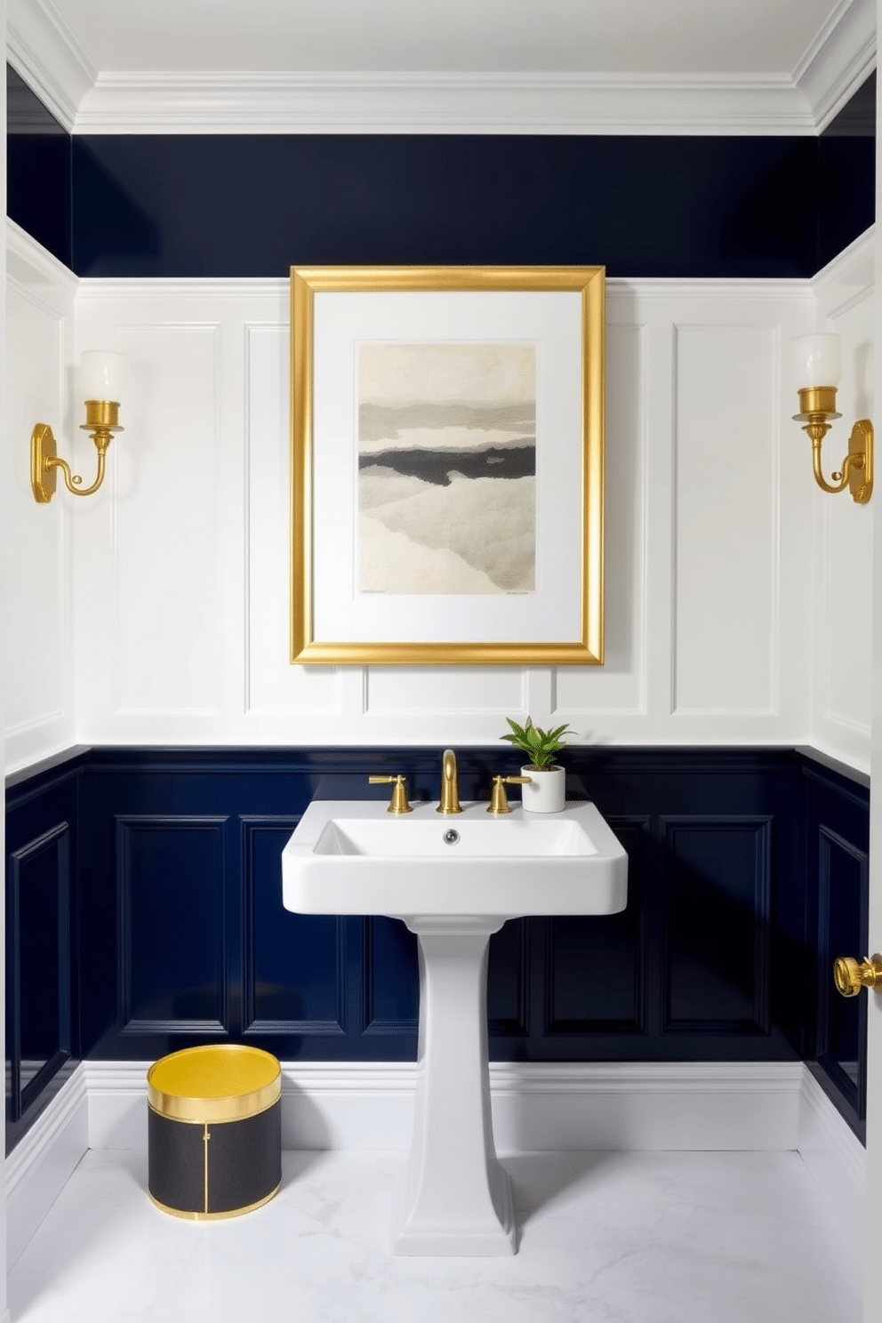 Chic wainscoting adorns the walls of a stylish powder room, featuring a rich navy blue at the bottom and a crisp white above, creating a striking contrast. Elegant wall sconces with gold accents illuminate the space, highlighting the intricate detailing of the wainscoting. The décor is enhanced by a large framed artwork that complements the color scheme, hung centrally above a sleek, modern sink. A small potted plant sits on the countertop, adding a touch of greenery to the refined atmosphere.