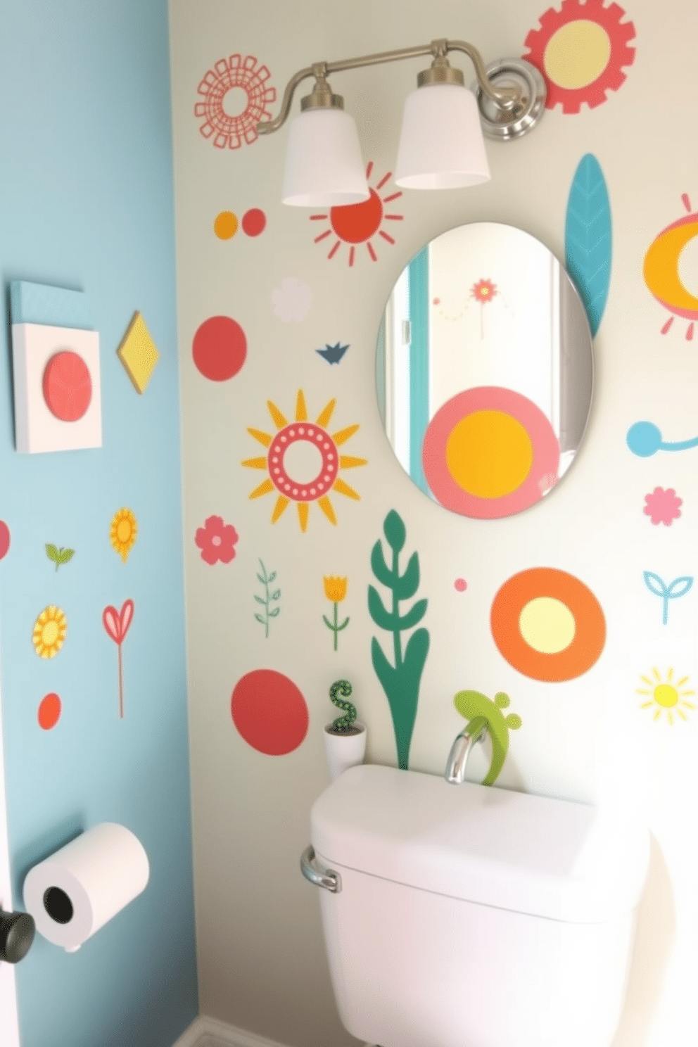 Artistic wall decals in vibrant colors create a playful atmosphere, transforming an ordinary powder room into a whimsical retreat. The decals feature fun shapes and patterns, complementing the soft pastel hues of the walls and adding a touch of creativity to the space. Incorporate a mix of geometric designs and nature-inspired motifs for a balanced look that appeals to both children and adults. Stylishly arranged, these decals can enhance the overall aesthetic while providing a unique focal point in the powder room.