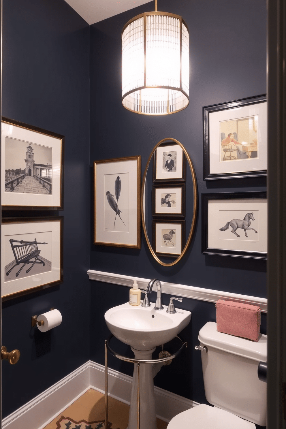 A stylish powder room featuring elegant framed artwork in cohesive colors. The walls are adorned with a series of framed prints that harmonize with the room's overall color palette, creating a sophisticated and inviting atmosphere.