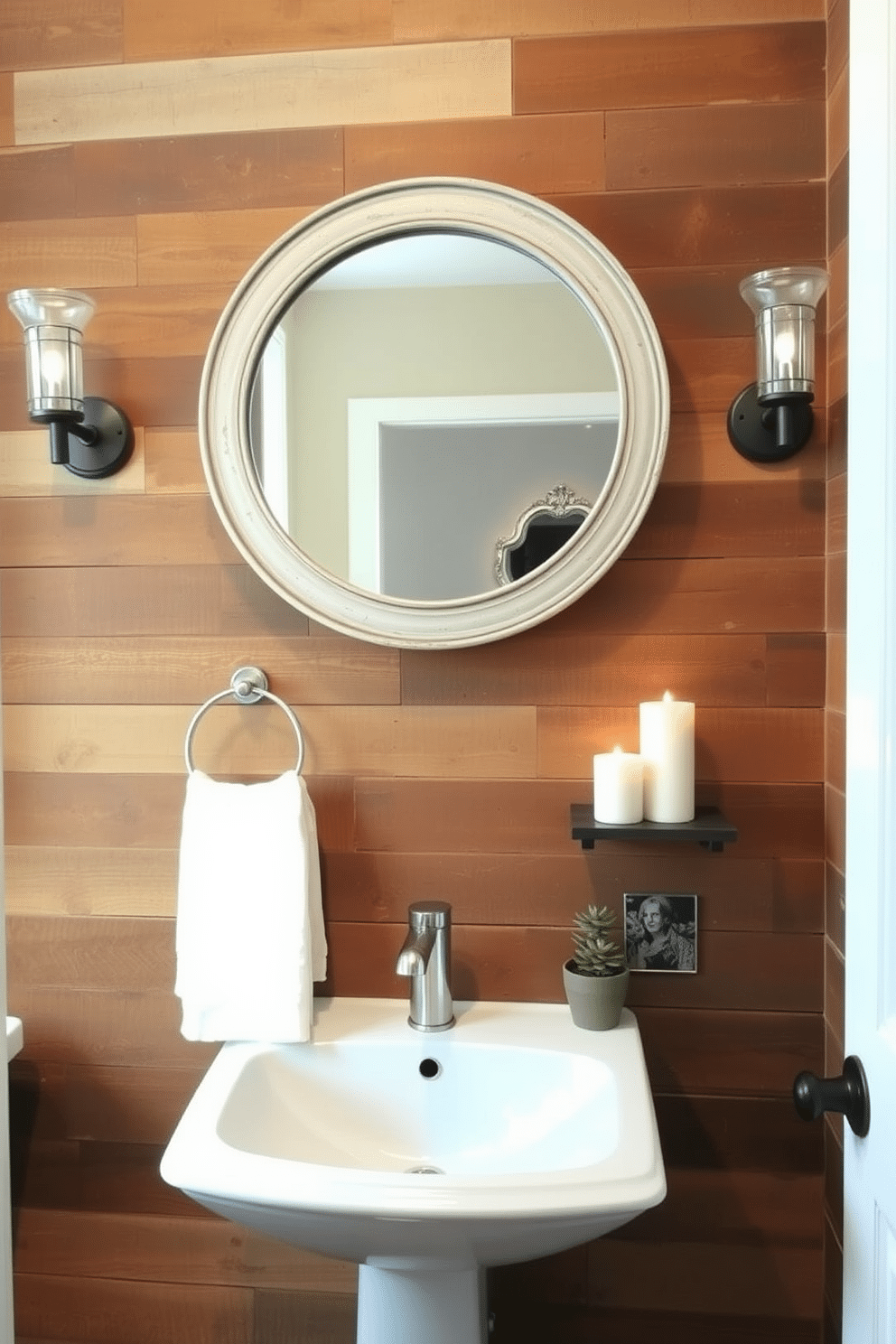 A rustic wood accent wall creates a warm and inviting atmosphere in the powder room, featuring reclaimed barn wood planks in varying shades of brown. Complementing the wall, a stylish round mirror with a distressed frame hangs above a sleek pedestal sink, adding character and charm to the space. To enhance the decor, consider incorporating vintage-inspired wall sconces that cast a soft glow, illuminating the natural textures of the wood. A small shelf adorned with potted succulents and decorative candles adds a touch of greenery and elegance to the rustic aesthetic.