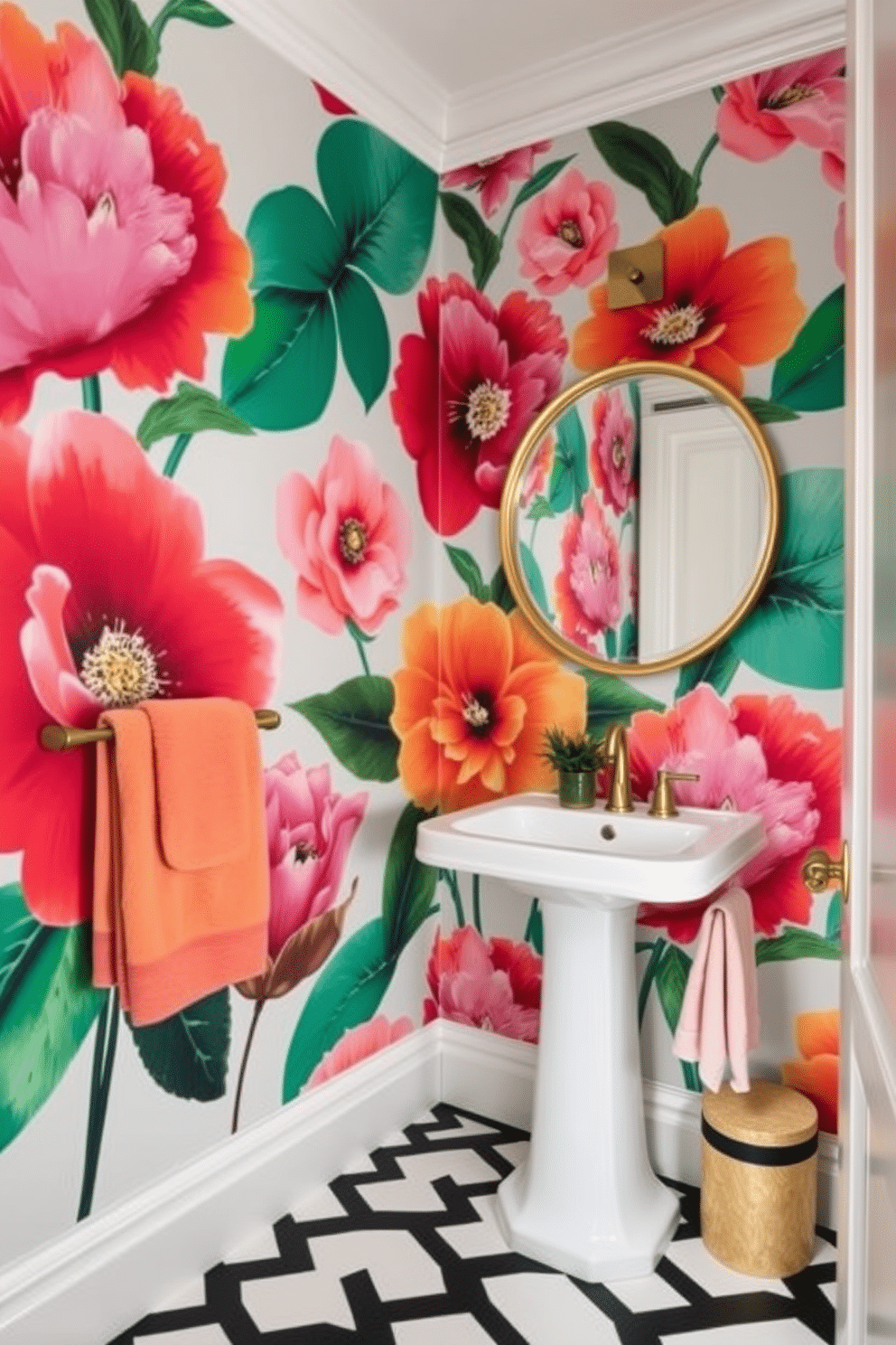 A stunning powder room adorned with bold floral wallpaper that features large, colorful blooms in shades of pink, orange, and green. The wallpaper creates a lively backdrop for a sleek white pedestal sink and a round mirror framed in brushed gold. The floor is covered in a geometric black and white tile, adding a modern contrast to the vibrant walls. A small potted plant sits on the sink, bringing a touch of nature into the space, while plush towels in coordinating colors hang neatly nearby.