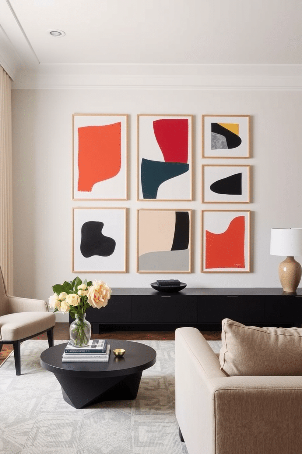 A collection of abstract art pieces featuring bold colors and geometric shapes creates a striking focal point in a contemporary living space. The art is displayed on a gallery wall, complemented by sleek, modern furniture and minimalistic decor. For the powder room, consider wallpaper designs that incorporate subtle textures and soft hues, enhancing the intimate atmosphere. Floral patterns or abstract motifs can add a touch of elegance while maintaining a fresh and inviting feel.