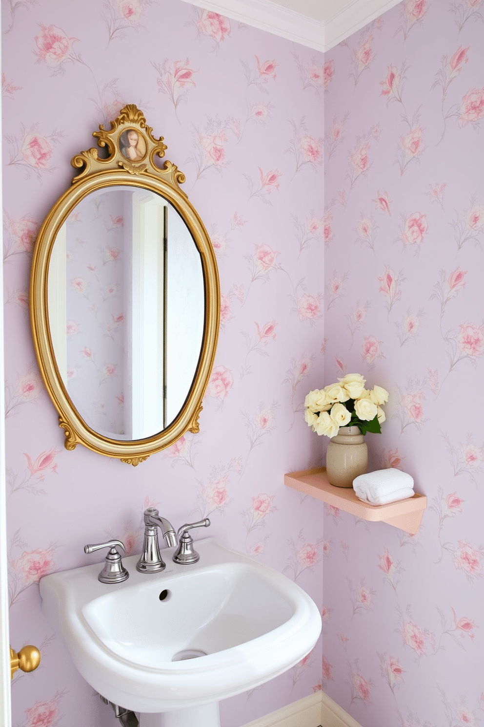 A serene powder room adorned with soft pastel wallpaper featuring delicate floral patterns. The space is complemented by a sleek white pedestal sink and a vintage-style mirror with a soft gold finish. The walls are painted in a gentle lavender hue, creating a calming backdrop. A small wooden shelf holds neatly rolled white towels and a decorative ceramic vase with fresh blooms.