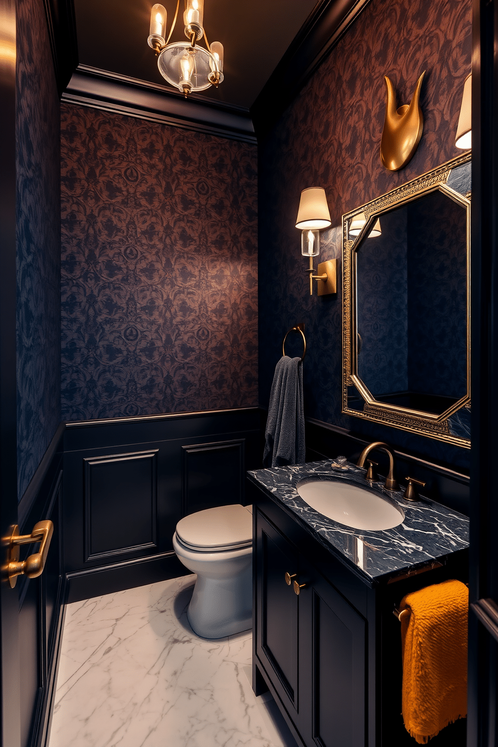 A chic powder room featuring dark moody colors that create a dramatic atmosphere. The walls are adorned with an intricate, textured wallpaper in deep navy and gold accents, complemented by a sleek black vanity with a marble sink. Elegant lighting fixtures cast a warm glow, enhancing the rich tones of the space. A statement mirror with a bold frame reflects the luxurious details, while plush towels in contrasting colors add a touch of sophistication.