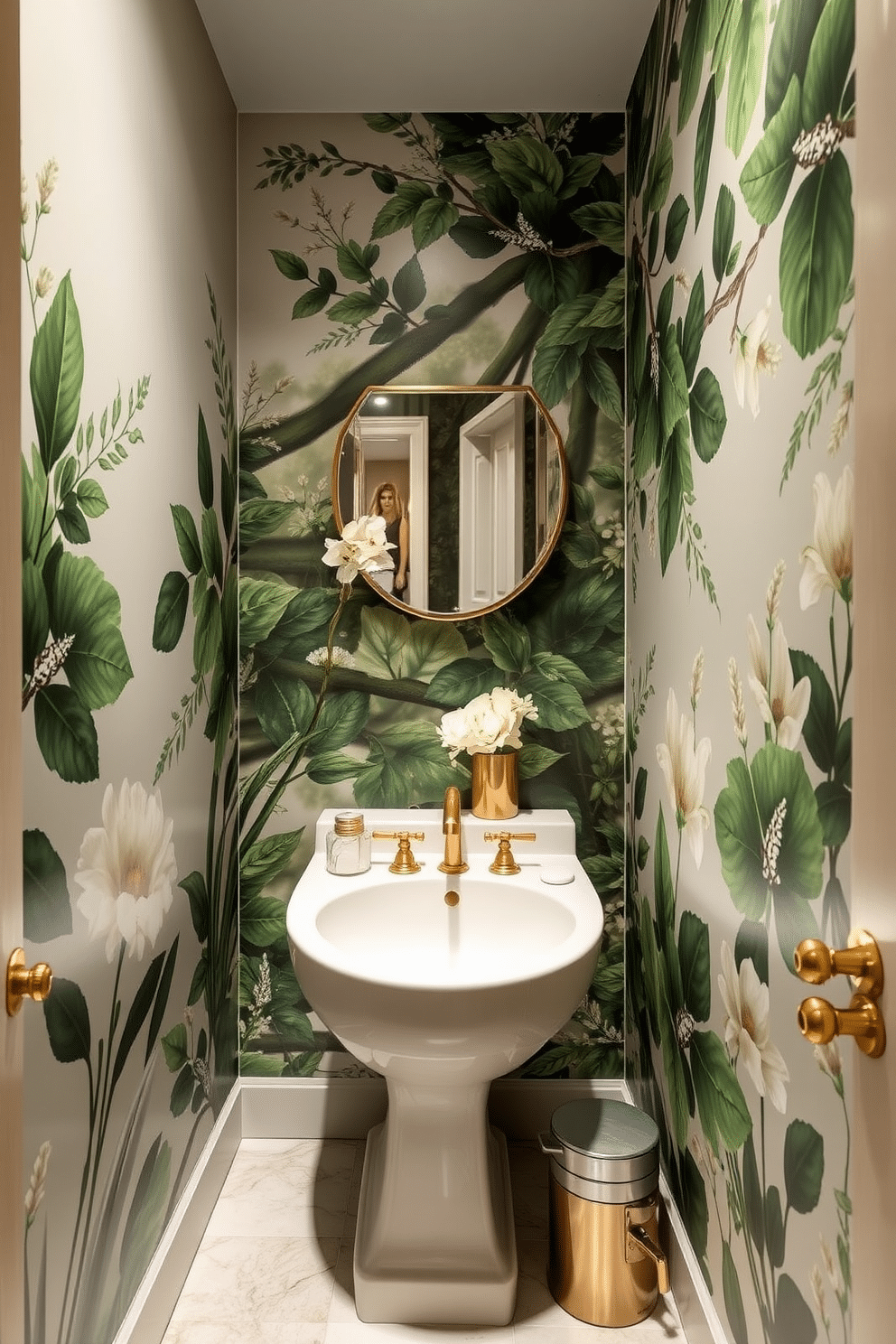 A serene powder room adorned with nature-inspired murals that evoke a sense of tranquility. The walls feature lush greenery and delicate floral patterns, creating a soothing atmosphere that invites relaxation. The wallpaper design incorporates soft, earthy tones that harmonize with the overall aesthetic. Accents of gold in the fixtures and accessories add a touch of elegance to the calming environment.