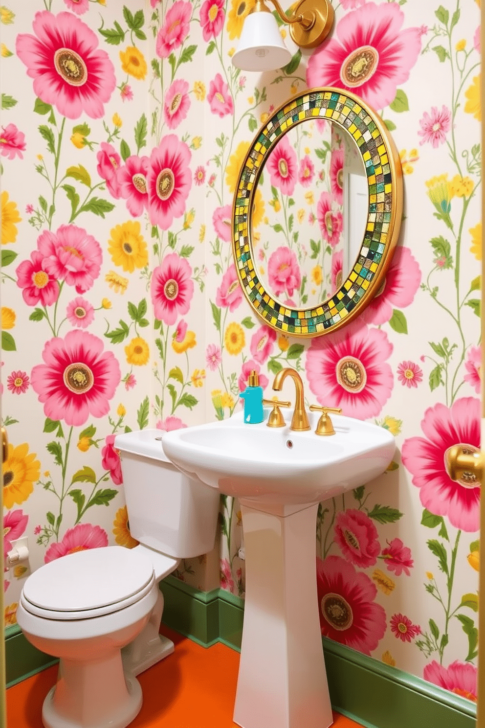 A vibrant powder room filled with bright colors that create a cheerful ambiance. The walls are adorned with a whimsical floral wallpaper featuring bold hues of pink, yellow, and green, enhancing the lively atmosphere. A sleek white pedestal sink is complemented by a gold faucet, adding a touch of elegance. A round mirror with a colorful mosaic frame hangs above the sink, reflecting the playful design of the space.