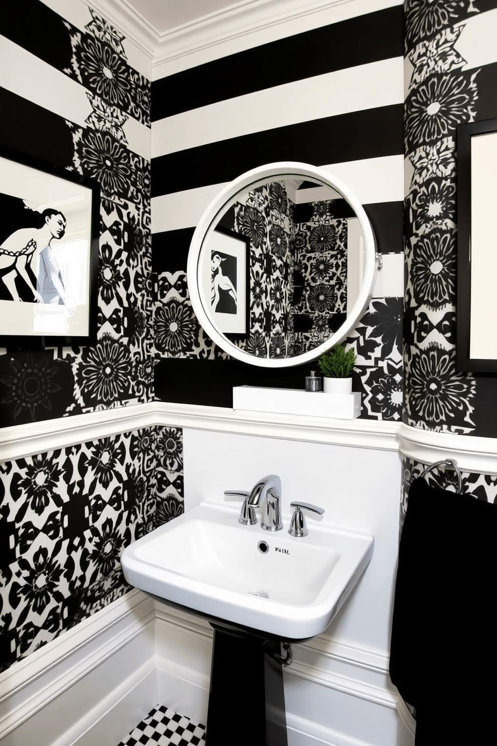 A stylish powder room featuring black and white wallpaper with intricate geometric patterns that create a striking visual contrast. The space includes a sleek black pedestal sink with a modern chrome faucet, complemented by a round mirror framed in white. The walls are adorned with bold black and white artwork, enhancing the chic aesthetic of the room. A small potted plant sits on a minimalist shelf, adding a touch of greenery to the sophisticated design.