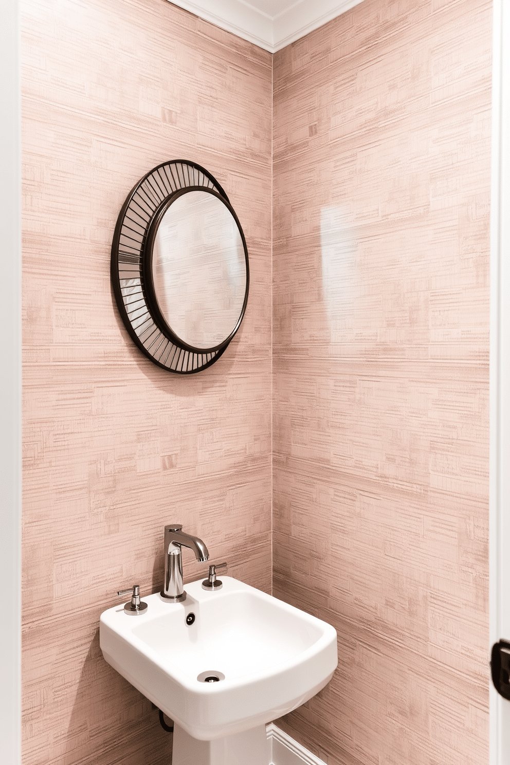 A stylish powder room featuring textured wallpaper that adds depth to the space. The wallpaper showcases a subtle geometric pattern in soft tones, creating an inviting atmosphere. Complementing the wallpaper, a sleek pedestal sink with a brushed nickel faucet is positioned against the wall. A round mirror with a decorative frame hangs above the sink, enhancing the room's elegance.