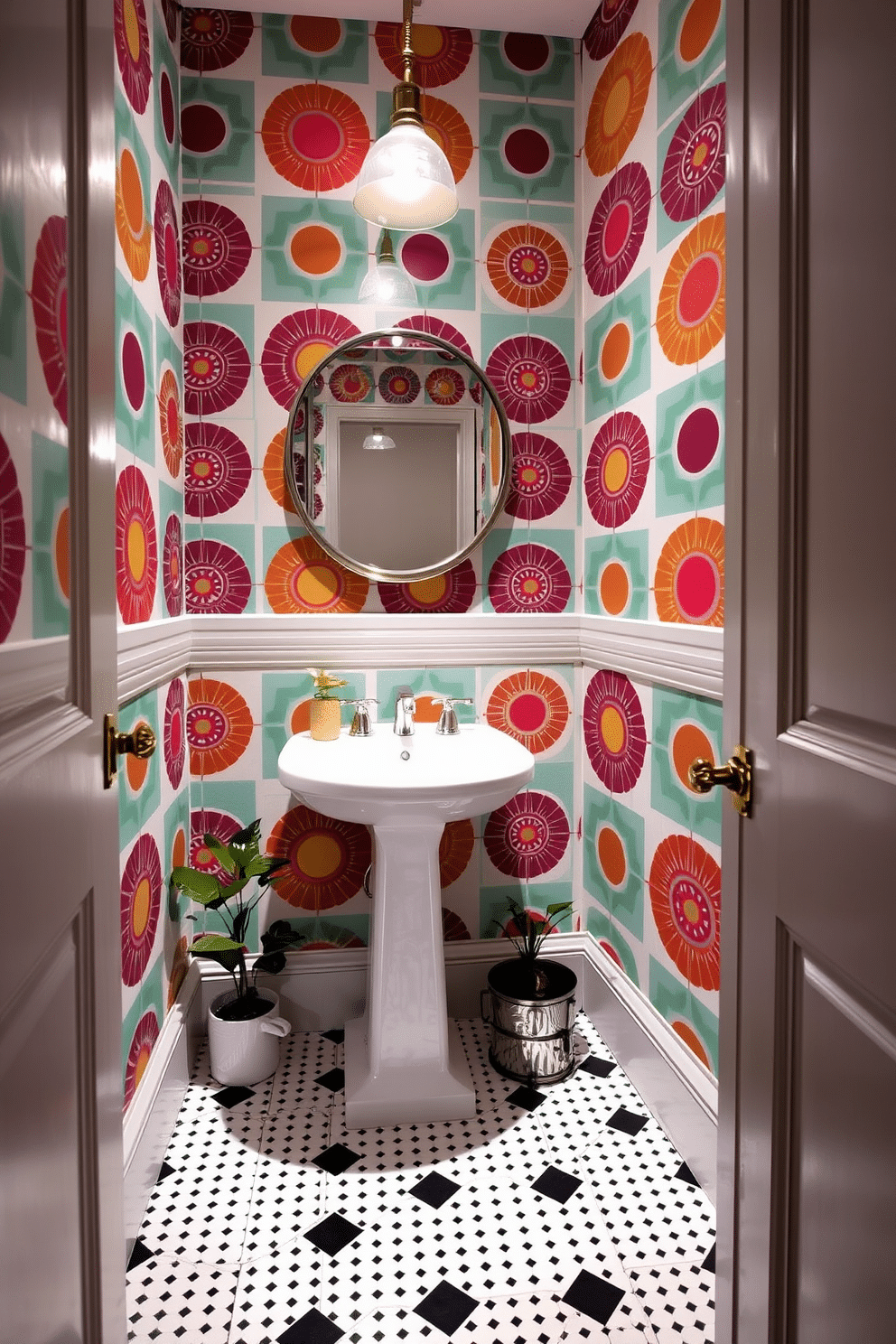 A charming powder room adorned with retro wallpaper featuring bold geometric patterns in vibrant colors, evoking a sense of nostalgia. The space is complemented by a sleek pedestal sink and a round mirror with a vintage-inspired frame, creating a perfect blend of modernity and classic design. The floor is covered with black and white checkered tiles that enhance the retro theme, while a small potted plant adds a touch of greenery. Soft, ambient lighting illuminates the room, highlighting the intricate details of the wallpaper and creating a warm, inviting atmosphere.