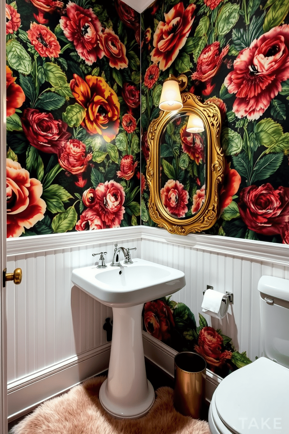 A stunning powder room featuring large-scale floral wallpaper that creates a bold statement. The wallpaper showcases vibrant colors and intricate patterns, enveloping the space in an atmosphere of elegance and drama. The room is accented with a sleek pedestal sink and a vintage-style mirror framed in gold. Soft lighting illuminates the floral design, enhancing its beauty while a plush area rug adds warmth underfoot.