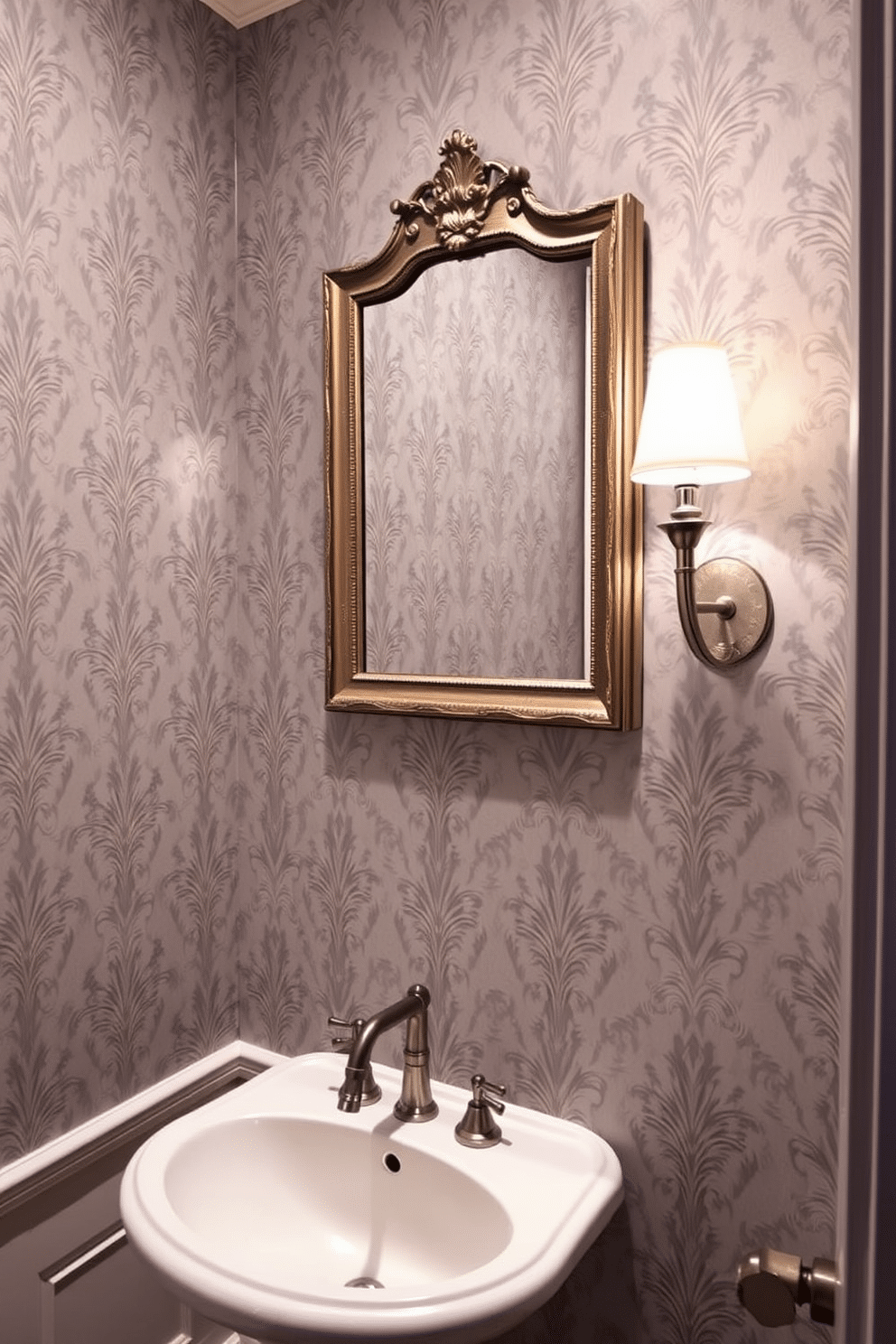 A classic damask wallpaper adorns the walls of a refined powder room, creating an atmosphere of timeless elegance. The intricate patterns in soft hues complement the understated luxury of the space, enhancing its sophistication. The powder room features a sleek pedestal sink paired with a vintage-style faucet, providing a perfect contrast to the ornate wallpaper. A framed mirror with an antique finish hangs above the sink, reflecting the delicate details of the damask design.