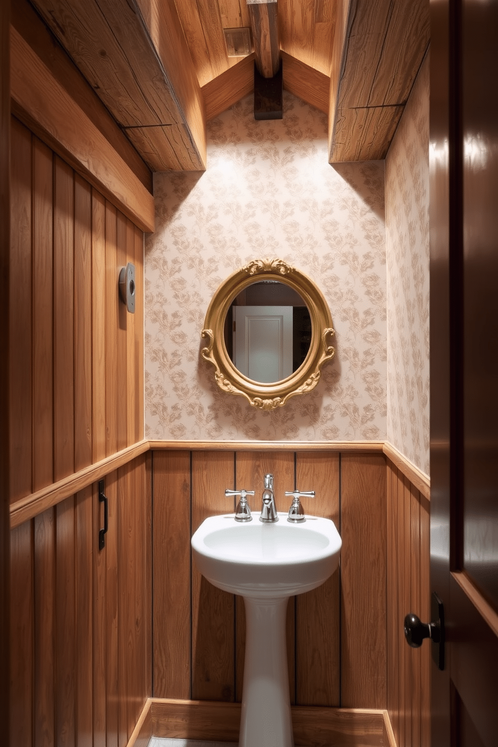 Rustic wood paneling lines the walls of a cozy powder room, creating a warm and inviting atmosphere. The ceiling features exposed beams, enhancing the rustic charm while soft, ambient lighting highlights the rich textures of the wood. The wallpaper design showcases a delicate floral pattern in muted tones, adding a touch of elegance to the space. A small round mirror with a vintage gold frame is mounted above a pedestal sink, complementing the wallpaper and wood paneling beautifully.