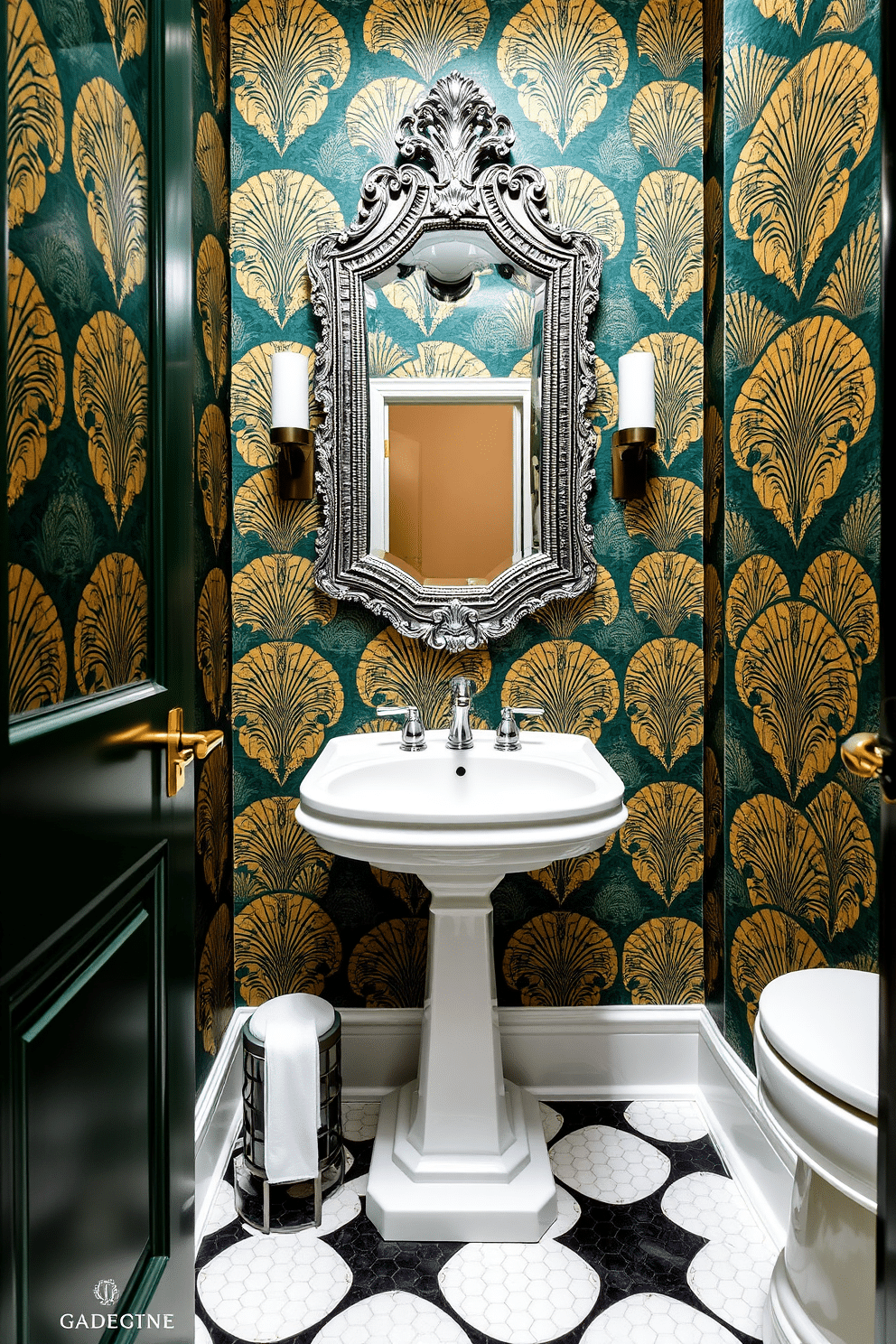 A luxurious powder room adorned with art deco patterns, featuring bold geometric shapes and rich colors that evoke vintage glamour. The wallpaper showcases intricate designs in gold and deep emerald, creating a striking backdrop for elegant fixtures. A sleek pedestal sink with a polished chrome faucet complements the opulent wallpaper, while a vintage-style mirror with an ornate frame hangs above. The flooring is a classic black and white checkerboard, enhancing the sophisticated atmosphere of the space.