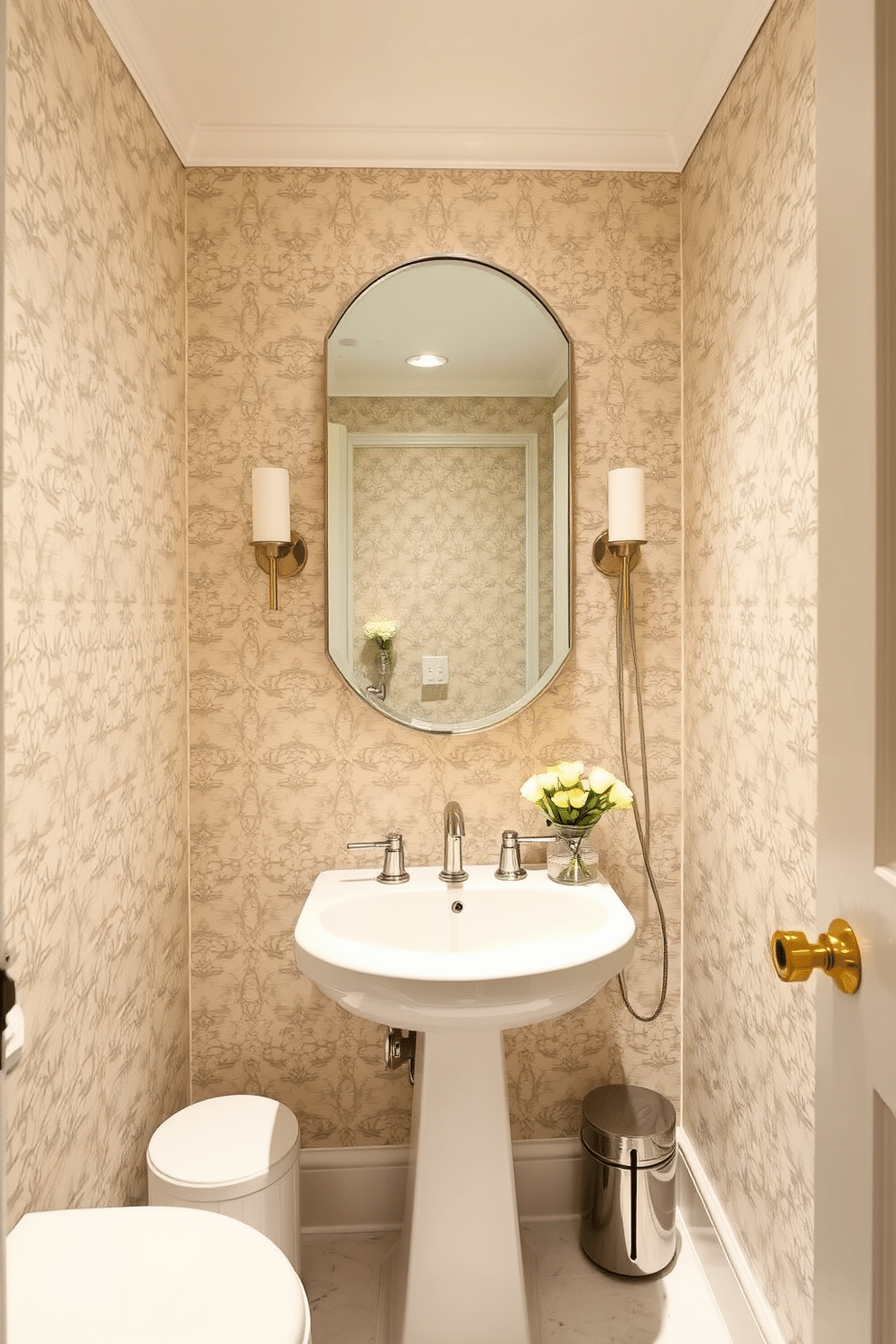 A chic powder room adorned with subtle printed wallpaper in soft hues creates an atmosphere of understated elegance. The delicate patterns add depth without overwhelming the space, perfectly complementing the minimalist fixtures and accessories. A sleek pedestal sink is positioned against the wallpapered wall, accented by a stylish mirror that reflects the room's charm. Soft lighting illuminates the space, enhancing the subtle textures and inviting a sense of tranquility.