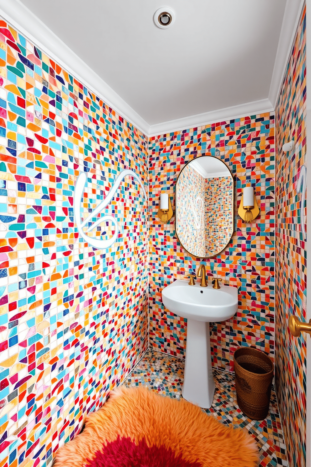 A vibrant powder room featuring colorful mosaic patterns that create a lively atmosphere. The walls are adorned with intricate tiles in various hues, complemented by a sleek, modern sink and a stylish mirror. The ceiling is painted in a soft white to enhance the brightness of the space. Accents of gold in the fixtures and a plush, colorful rug add a touch of luxury to the playful design.